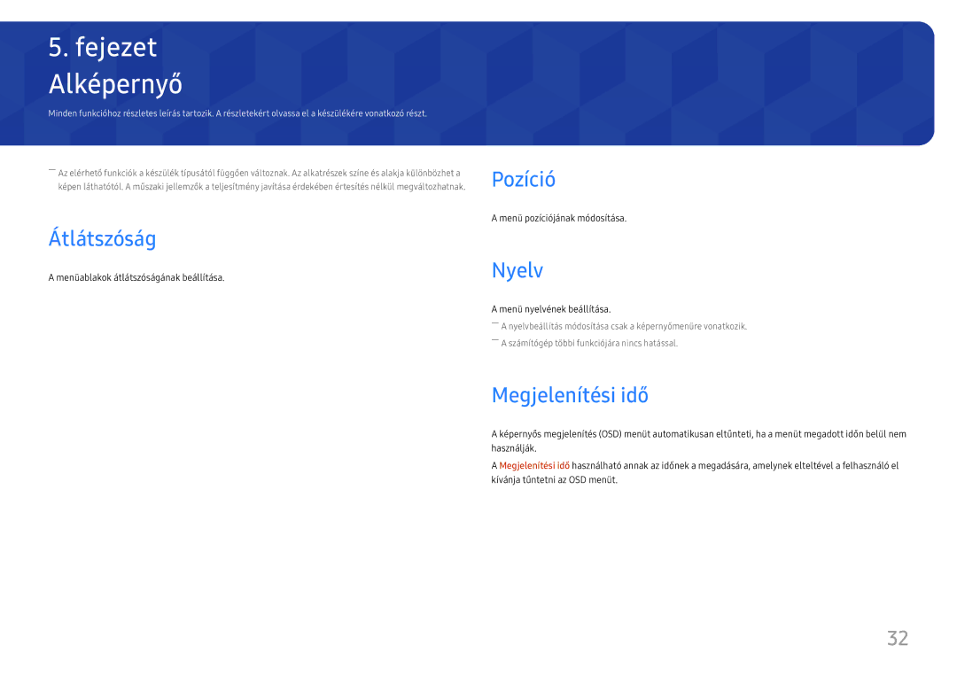 Samsung LC27H800FCUXEN manual Alképernyő, Átlátszóság, Pozíció, Nyelv, Megjelenítési idő 