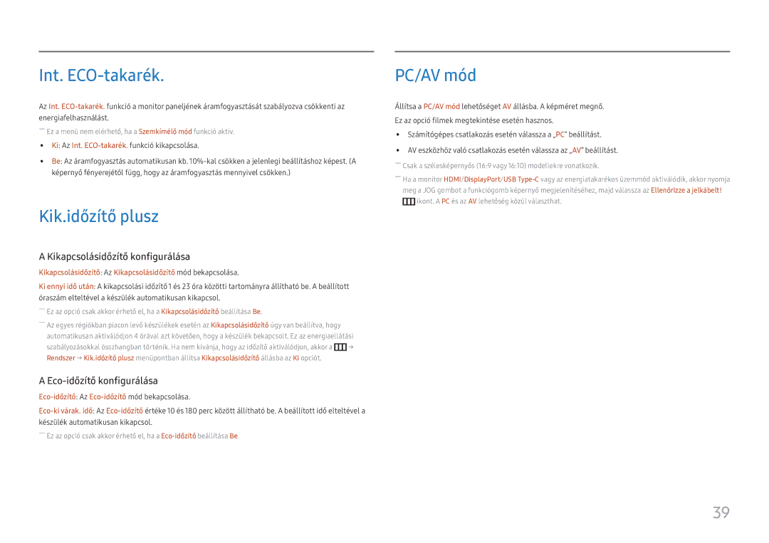 Samsung LC27H800FCUXEN manual Int. ECO-takarék, Kik.időzítő plusz, PC/AV mód 