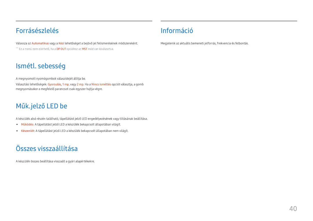 Samsung LC27H800FCUXEN manual Forrásészlelés Információ, Ismétl. sebesség, Műk.jelző LED be, Összes visszaállítása 