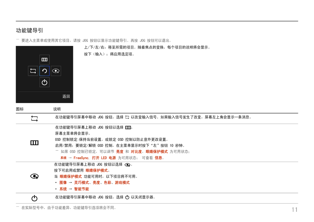 Samsung LC27H800FCUXEN manual 图标说明, ――要进入主菜单或使用其它项目，请按 Jog 按钮以显示功能键导引。再按 Jog 按钮可以退出。, ――在实际型号中，由于功能差异，功能键导引选项将会不同。 