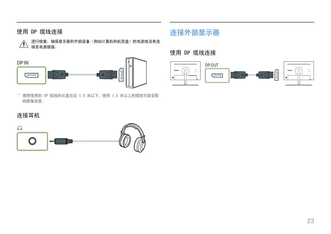 Samsung LC27H800FCUXEN manual 使用 Dp 缆线连接, 连接耳机, 进行检查，确保显示器和外部设备（例如计算机和机顶盒）的电源线没有连 接至电源插座。 