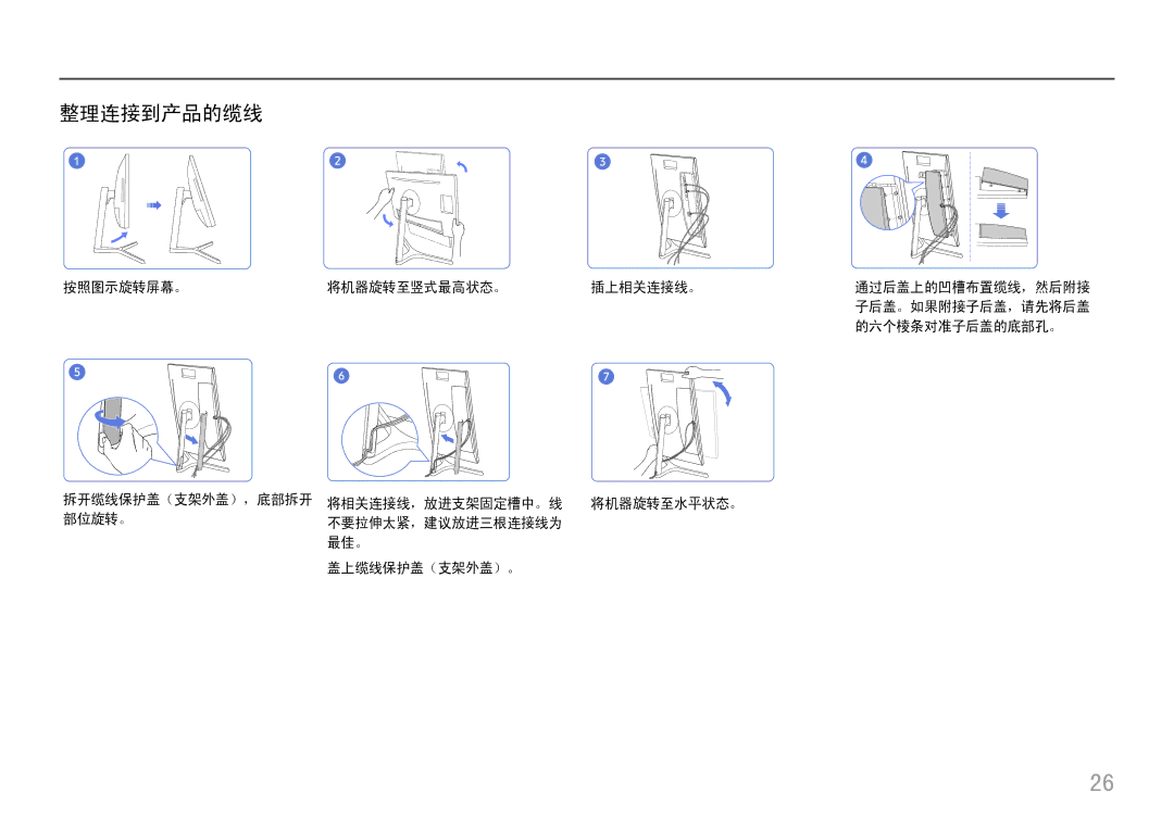 Samsung LC27H800FCUXEN manual 整理连接到产品的缆线, 按照图示旋转屏幕。, 将机器旋转至竖式最高状态。 插上相关连接线。, 的六个棱条对准子后盖的底部孔。 