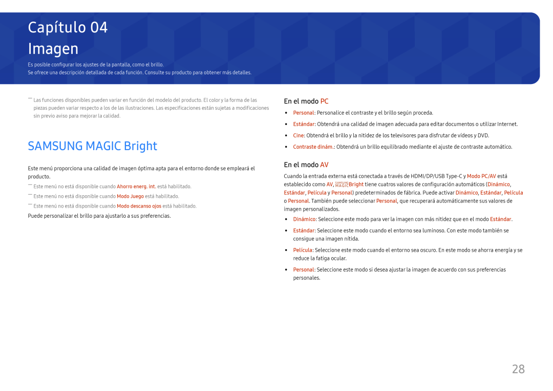 Samsung LC27H800FCUXEN manual Imagen, SAMSUNG MAGIC Bright, En el modo PC, En el modo AV, Capítulo 
