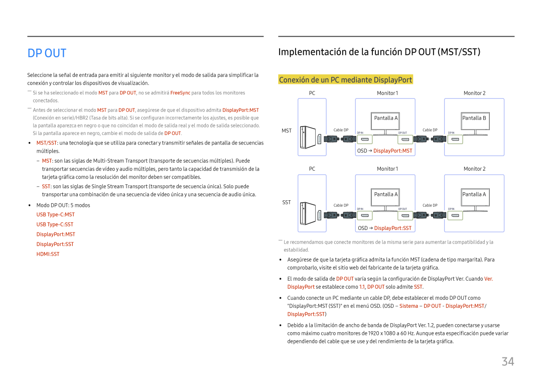 Samsung LC27H800FCUXEN manual Dp Out, Implementación de la función DP OUT MST/SST, Conexión de un PC mediante DisplayPort 