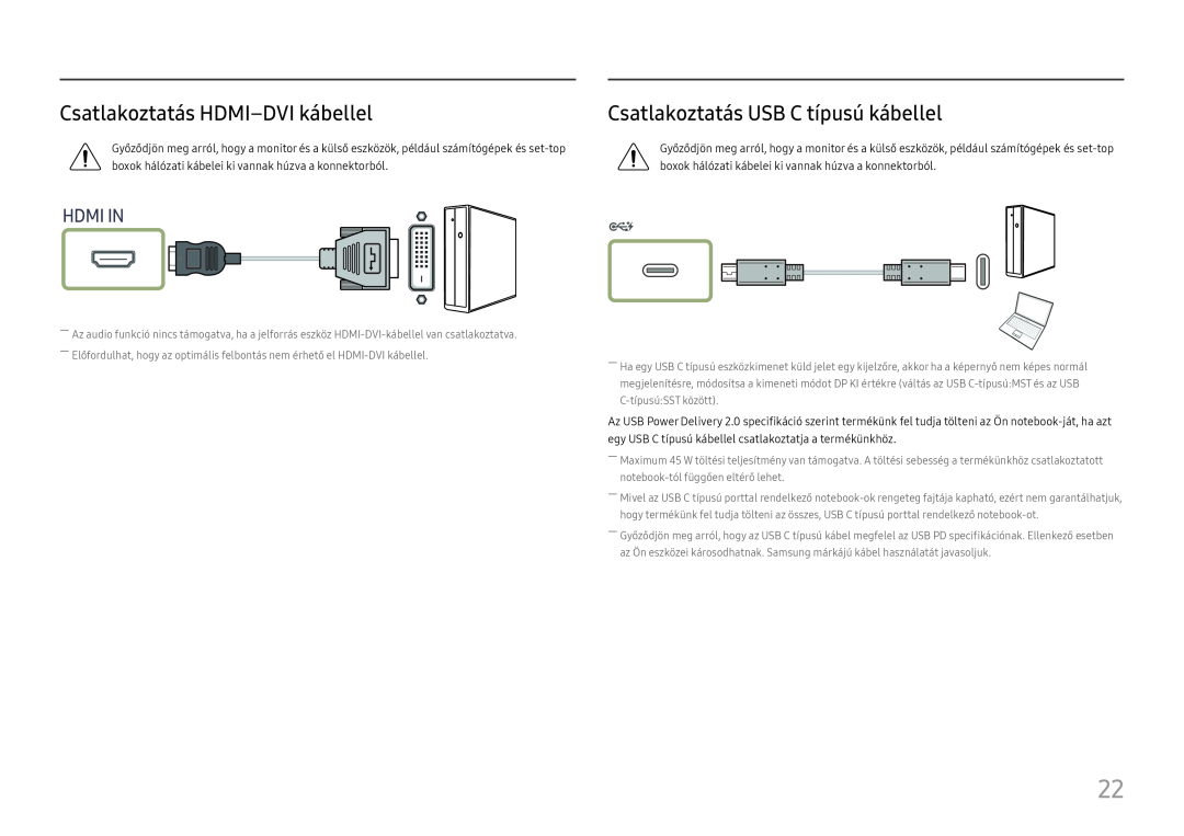 Samsung LC27H800FCUXEN manual Csatlakoztatás HDMI-DVI kábellel, Csatlakoztatás USB C típusú kábellel, Hdmi In 