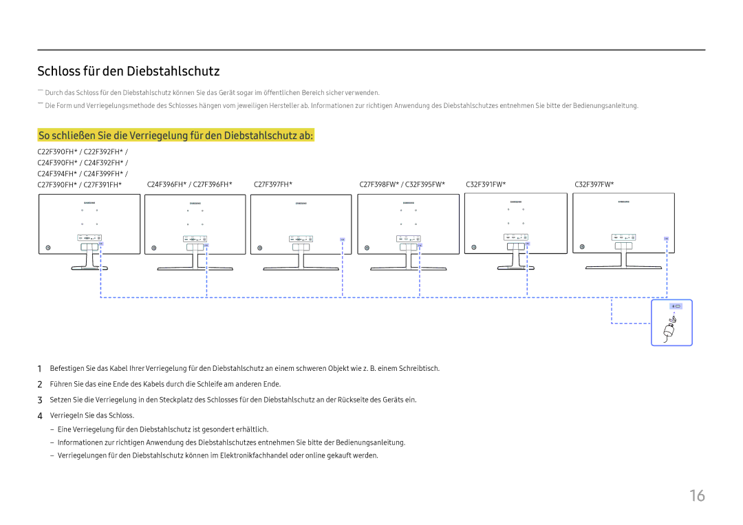 Samsung LC24F390FHUXEN, LC32F391FWUXEN, LC27F396FHUXEN, LC24F396FHUXEN, LC27F390FHUXEN manual Schloss für den Diebstahlschutz 