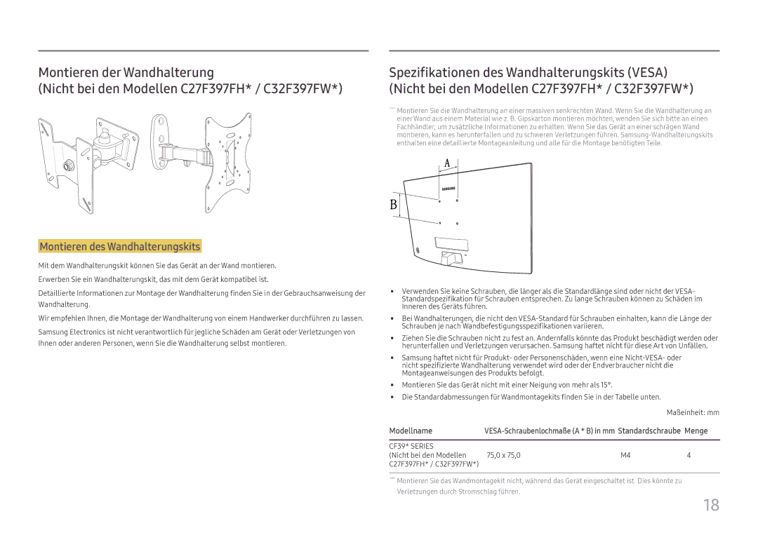 Samsung LC24F396FHUXEN manual Montieren des Wandhalterungskits, Nicht bei den Modellen 75,0 x 75,0 C27F397FH* / C32F397FW 