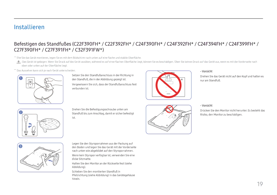 Samsung LC27F390FHUXEN, LC32F391FWUXEN, LC24F390FHUXEN, LC27F396FHUXEN, LC24F396FHUXEN manual Installieren 