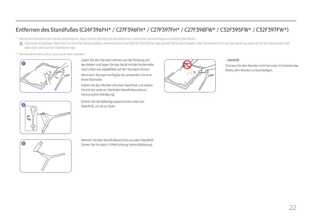 Samsung LC27F396FHUXEN, LC32F391FWUXEN, LC24F390FHUXEN, LC24F396FHUXEN, LC27F390FHUXEN manual Vorsicht 