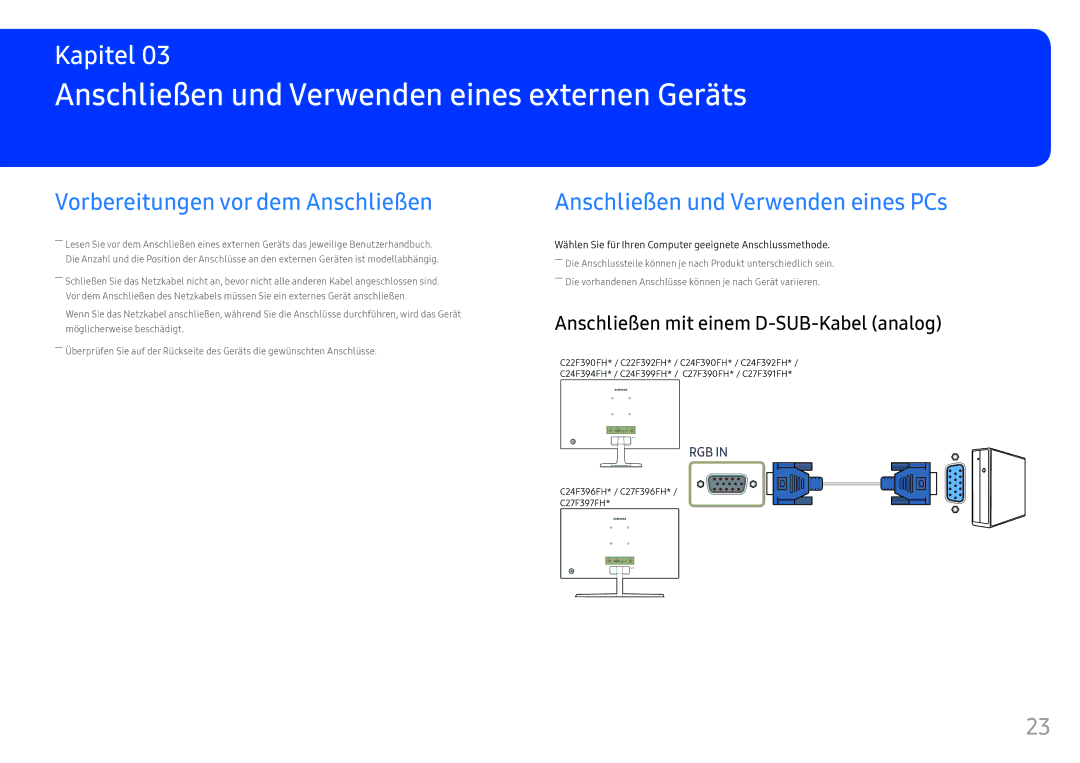 Samsung LC24F396FHUXEN manual Anschließen und Verwenden eines externen Geräts, Anschließen mit einem D-SUB-Kabel analog 