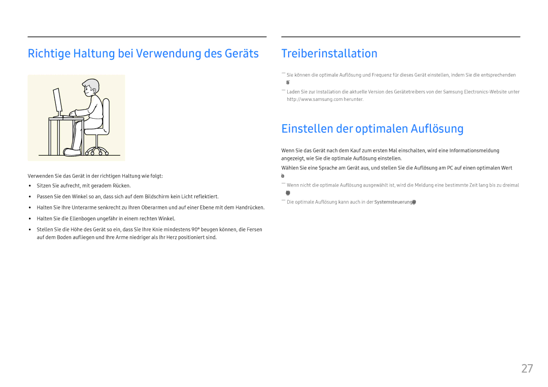 Samsung LC27F396FHUXEN, LC32F391FWUXEN, LC24F390FHUXEN, LC24F396FHUXEN manual Richtige Haltung bei Verwendung des Geräts 