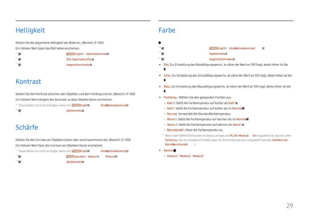 Samsung LC27F390FHUXEN, LC32F391FWUXEN, LC24F390FHUXEN, LC27F396FHUXEN, LC24F396FHUXEN Helligkeit, Kontrast, Schärfe, Farbe 
