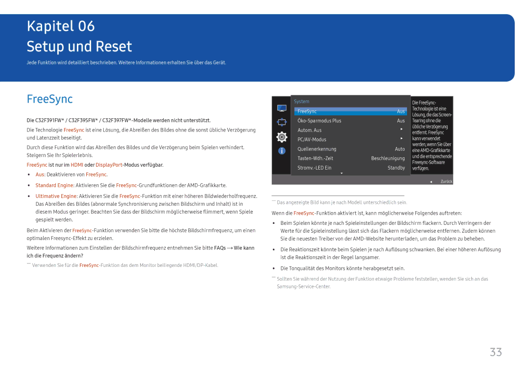 Samsung LC24F396FHUXEN, LC32F391FWUXEN manual Setup und Reset, FreeSync ist nur im Hdmi oder DisplayPort-Modus verfügbar 