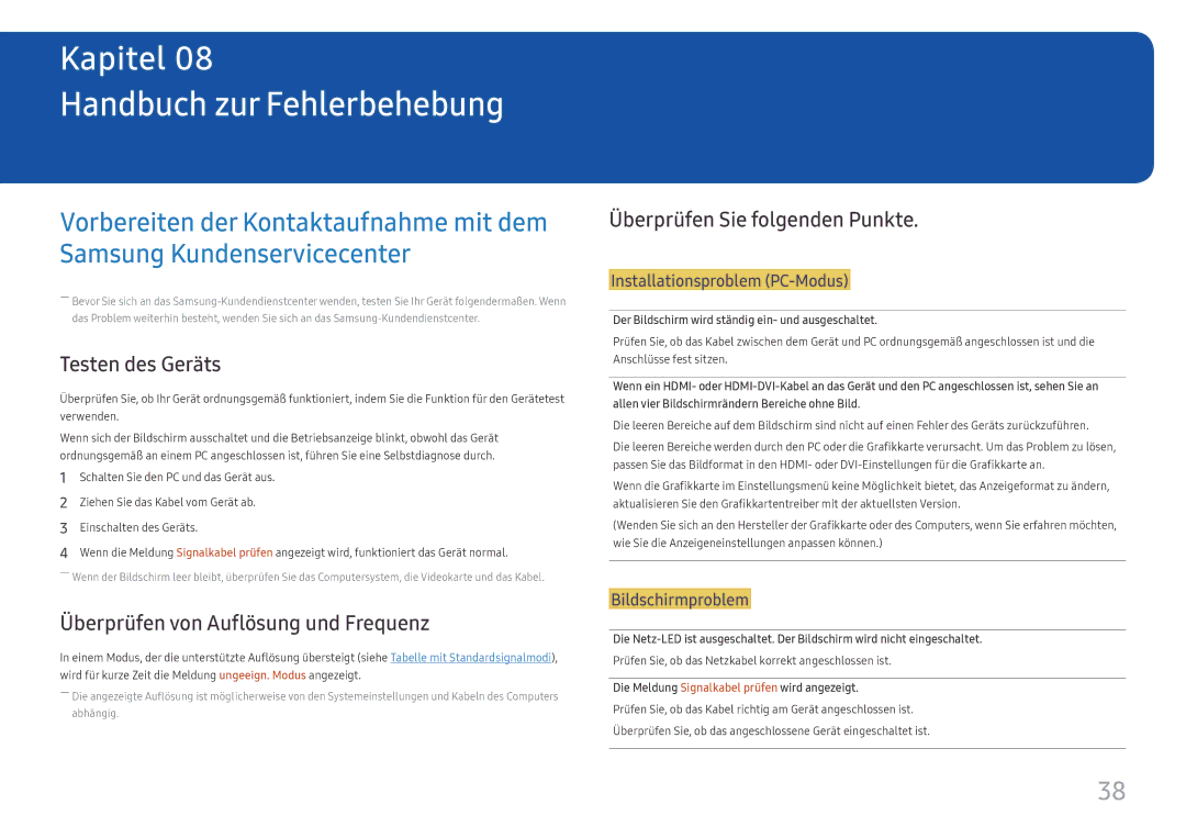 Samsung LC24F396FHUXEN manual Handbuch zur Fehlerbehebung, Testen des Geräts, Überprüfen von Auflösung und Frequenz 