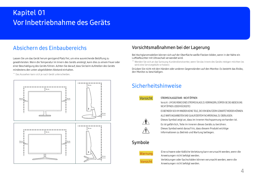 Samsung LC27F390FHUXEN manual Vor Inbetriebnahme des Geräts, Absichern des Einbaubereichs, Sicherheitshinweise, Symbole 