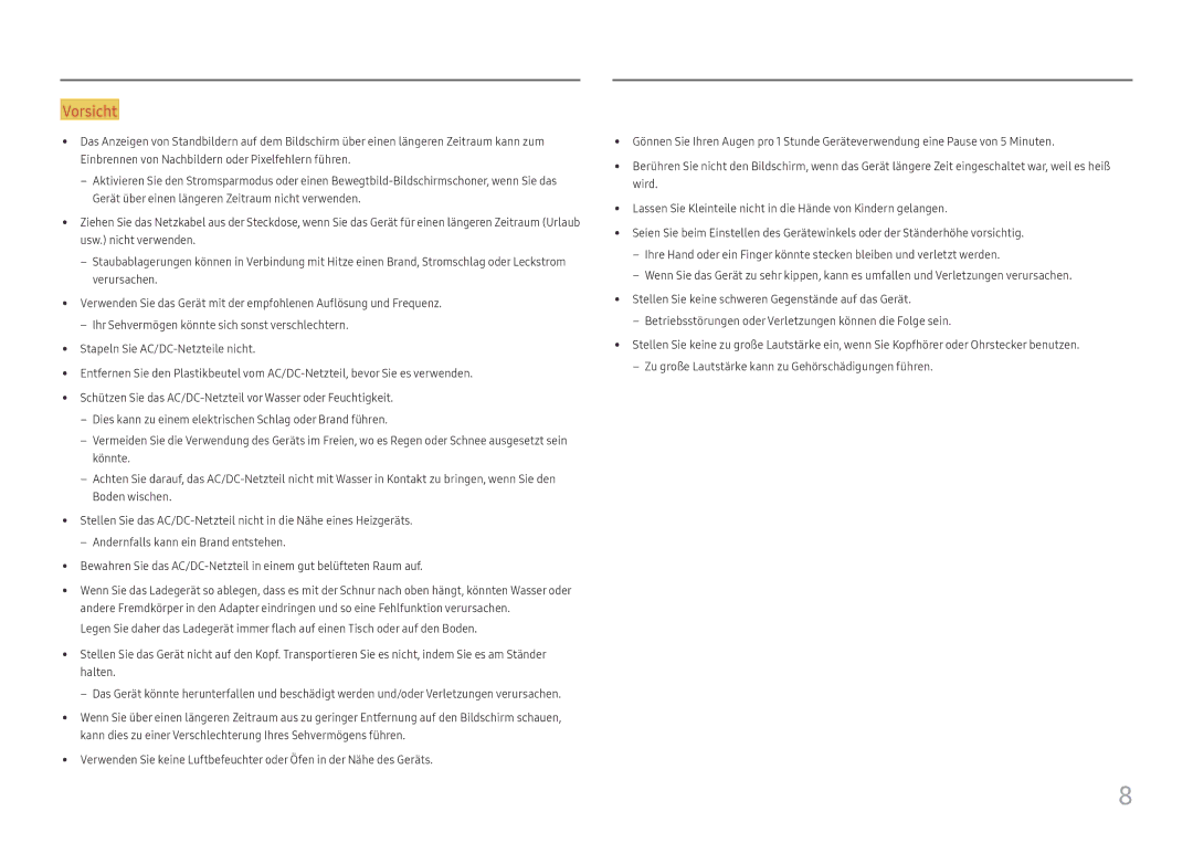 Samsung LC24F396FHUXEN, LC32F391FWUXEN, LC24F390FHUXEN, LC27F396FHUXEN, LC27F390FHUXEN manual Vorsicht 