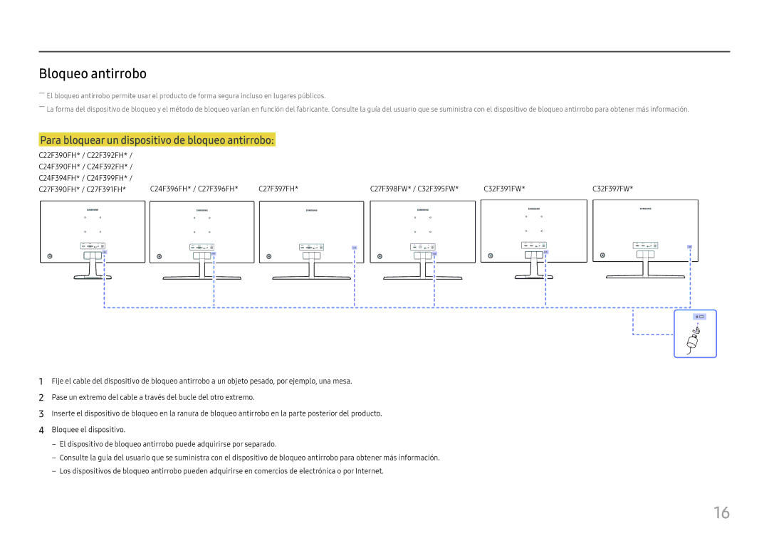 Samsung LC24F390FHUXEN, LC32F391FWUXEN, LC27F396FHUXEN Bloqueo antirrobo, Para bloquear un dispositivo de bloqueo antirrobo 