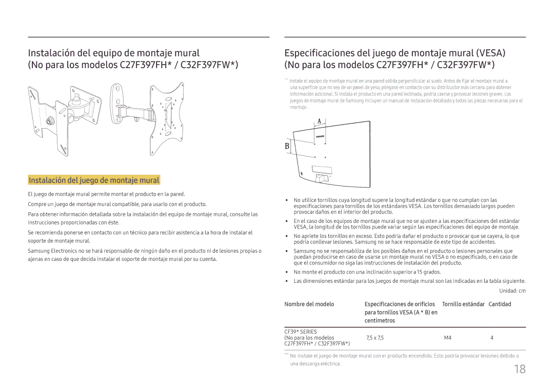 Samsung LC24F396FHUXEN, LC32F391FWUXEN, LC24F390FHUXEN, LC27F396FHUXEN manual Especificaciones de orificios, Cantidad 