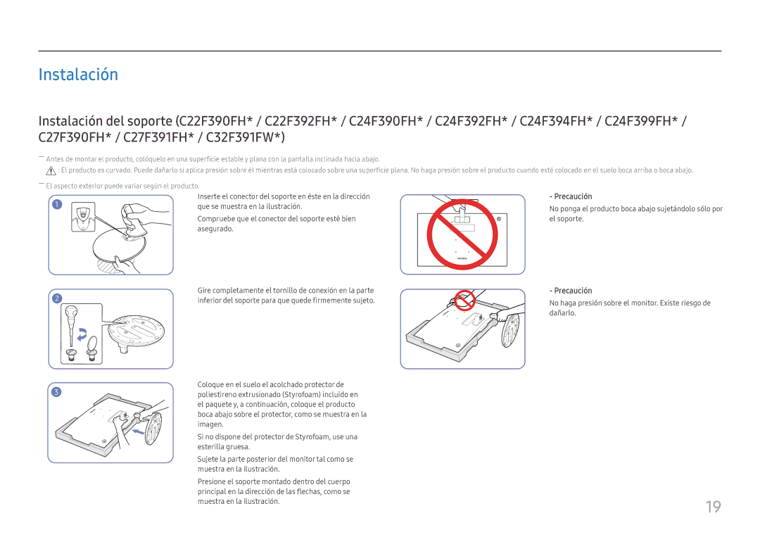 Samsung LC27F390FHUXEN, LC32F391FWUXEN, LC24F390FHUXEN, LC27F396FHUXEN, LC24F396FHUXEN manual Instalación 