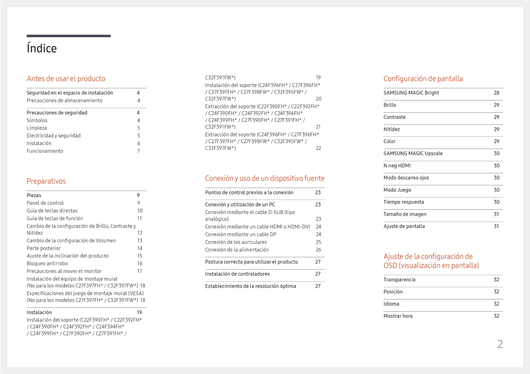 Samsung LC27F396FHUXEN, LC32F391FWUXEN, LC24F390FHUXEN, LC24F396FHUXEN, LC27F390FHUXEN manual Índice 