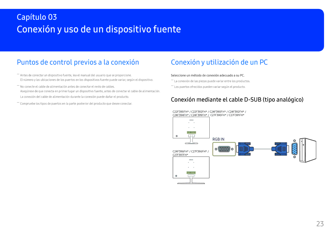 Samsung LC24F396FHUXEN manual Conexión y uso de un dispositivo fuente, Conexión mediante el cable D-SUB tipo analógico 