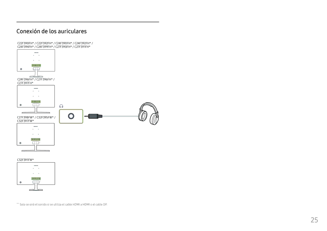 Samsung LC32F391FWUXEN, LC24F390FHUXEN, LC27F396FHUXEN, LC24F396FHUXEN, LC27F390FHUXEN manual Conexión de los auriculares 
