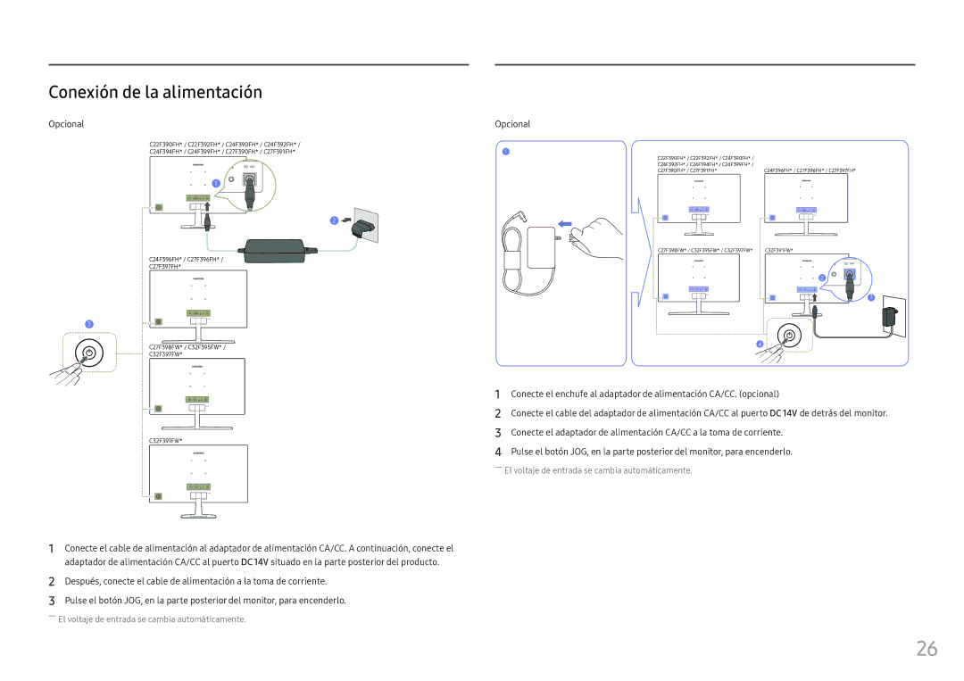 Samsung LC24F390FHUXEN, LC32F391FWUXEN, LC27F396FHUXEN, LC24F396FHUXEN, LC27F390FHUXEN Conexión de la alimentación, Opcional 