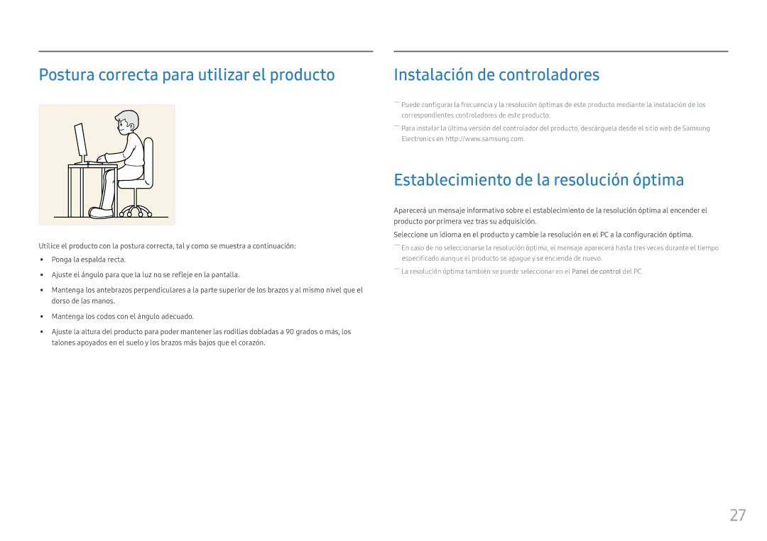 Samsung LC27F396FHUXEN, LC32F391FWUXEN, LC24F390FHUXEN, LC24F396FHUXEN manual Postura correcta para utilizar el producto 