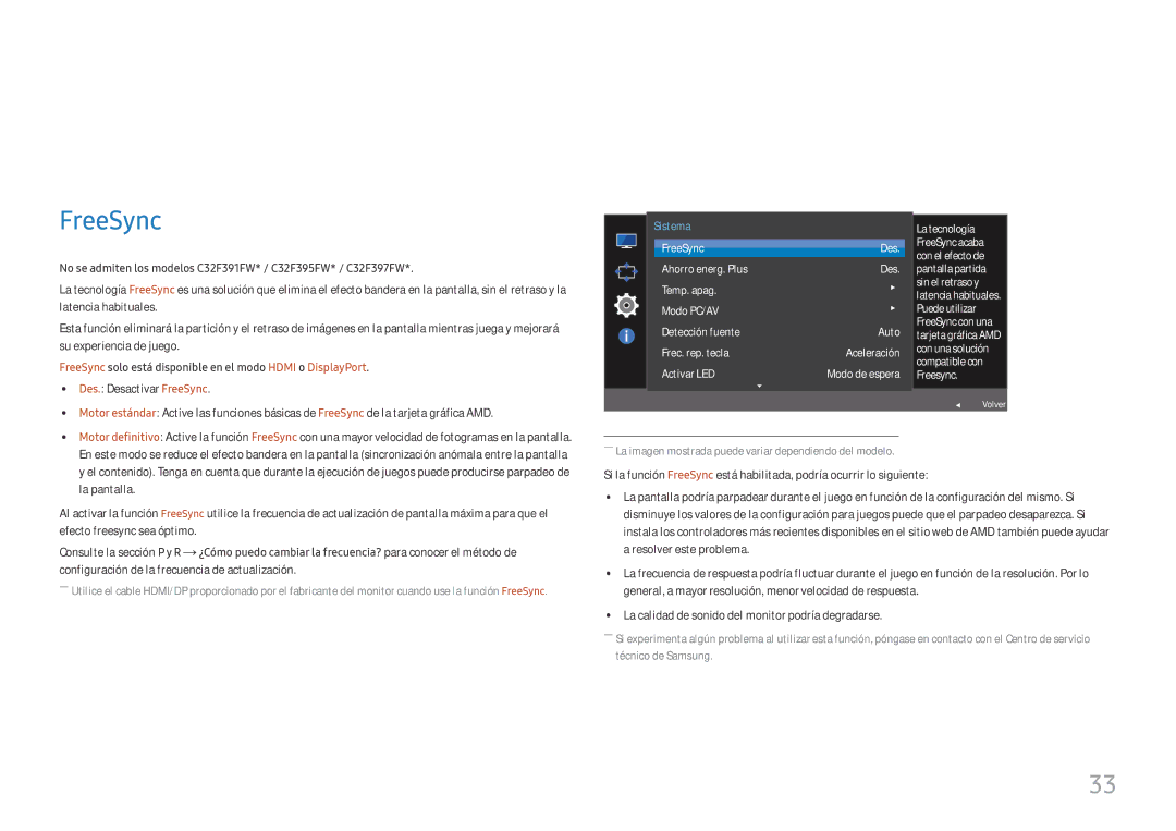 Samsung LC24F396FHUXEN manual Configuración y restauración, FreeSync solo está disponible en el modo Hdmi o DisplayPort 