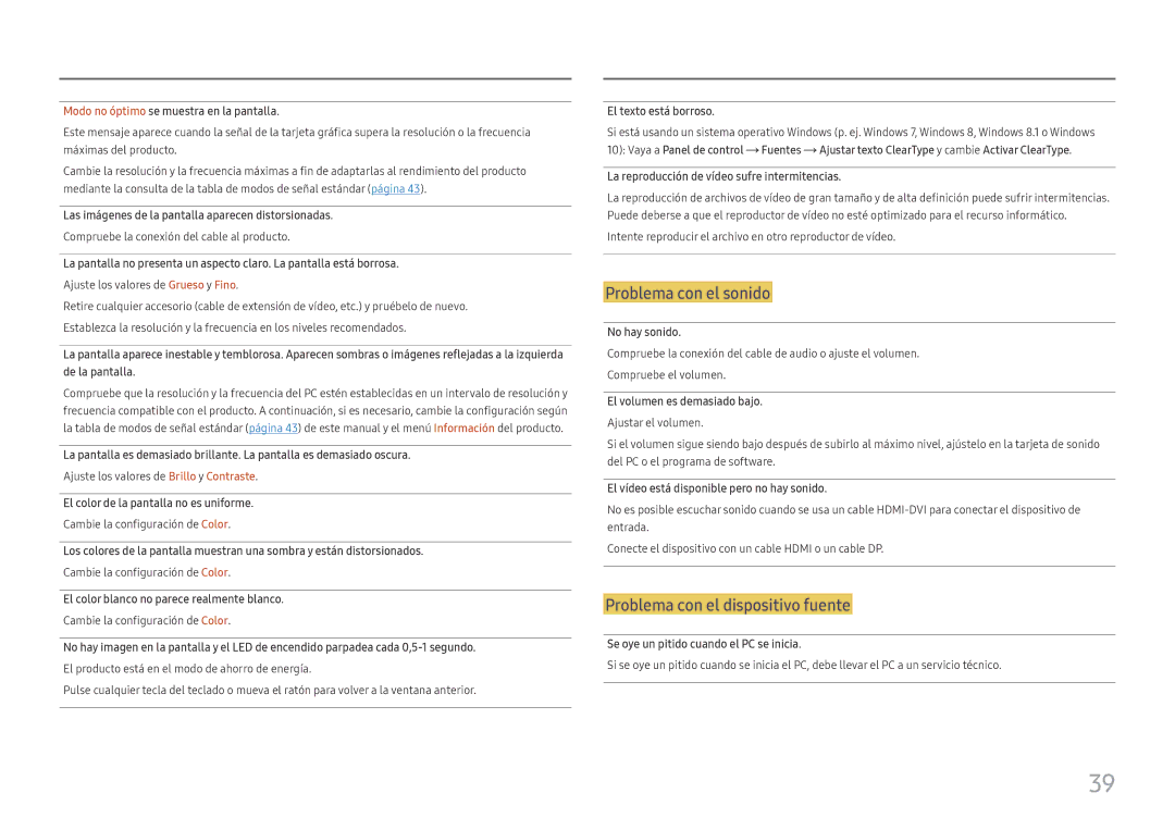 Samsung LC27F390FHUXEN manual Modo no óptimo se muestra en la pantalla, Las imágenes de la pantalla aparecen distorsionadas 
