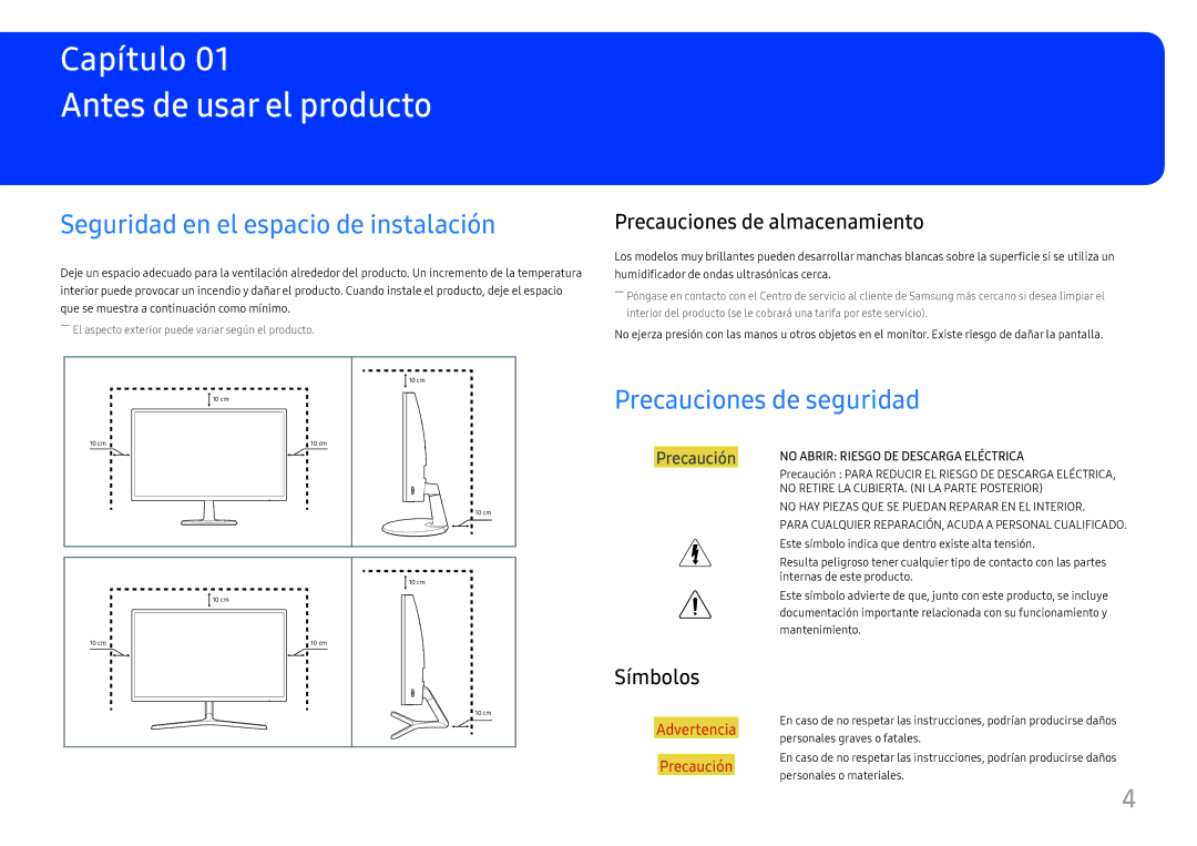 Samsung LC27F390FHUXEN manual Antes de usar el producto, Seguridad en el espacio de instalación, Precauciones de seguridad 