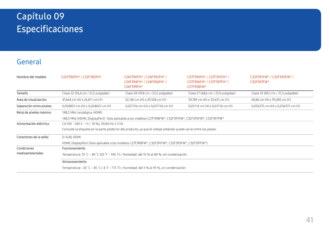 Samsung LC24F390FHUXEN, LC32F391FWUXEN, LC27F396FHUXEN, LC24F396FHUXEN, LC27F390FHUXEN manual Especificaciones, General 