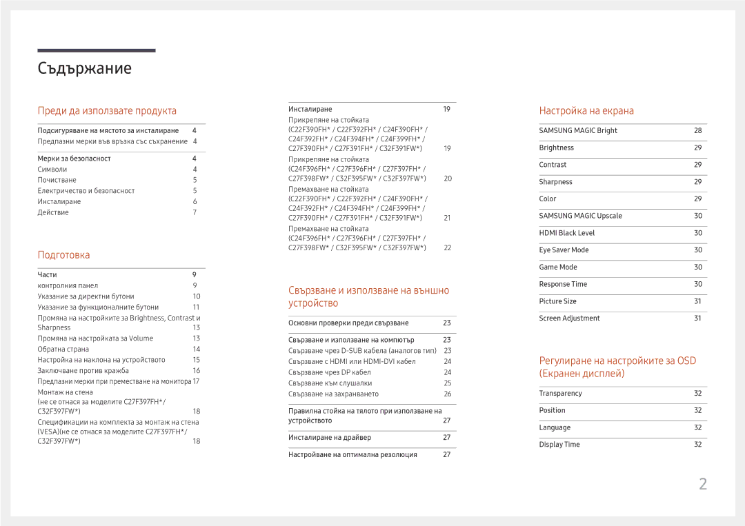 Samsung LC27F396FHUXEN, LC32F391FWUXEN, LC24F390FHUXEN, LC24F396FHUXEN, LC27F390FHUXEN manual Съдържание 