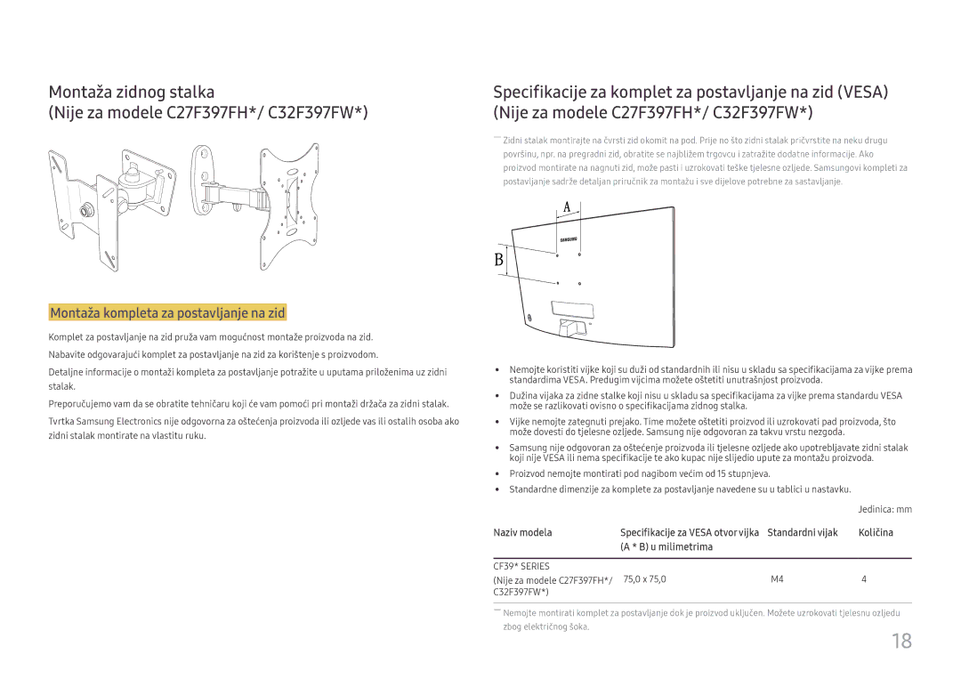 Samsung LC24F396FHUXEN Montaža zidnog stalka Nije za modele C27F397FH*/ C32F397FW, Montaža kompleta za postavljanje na zid 