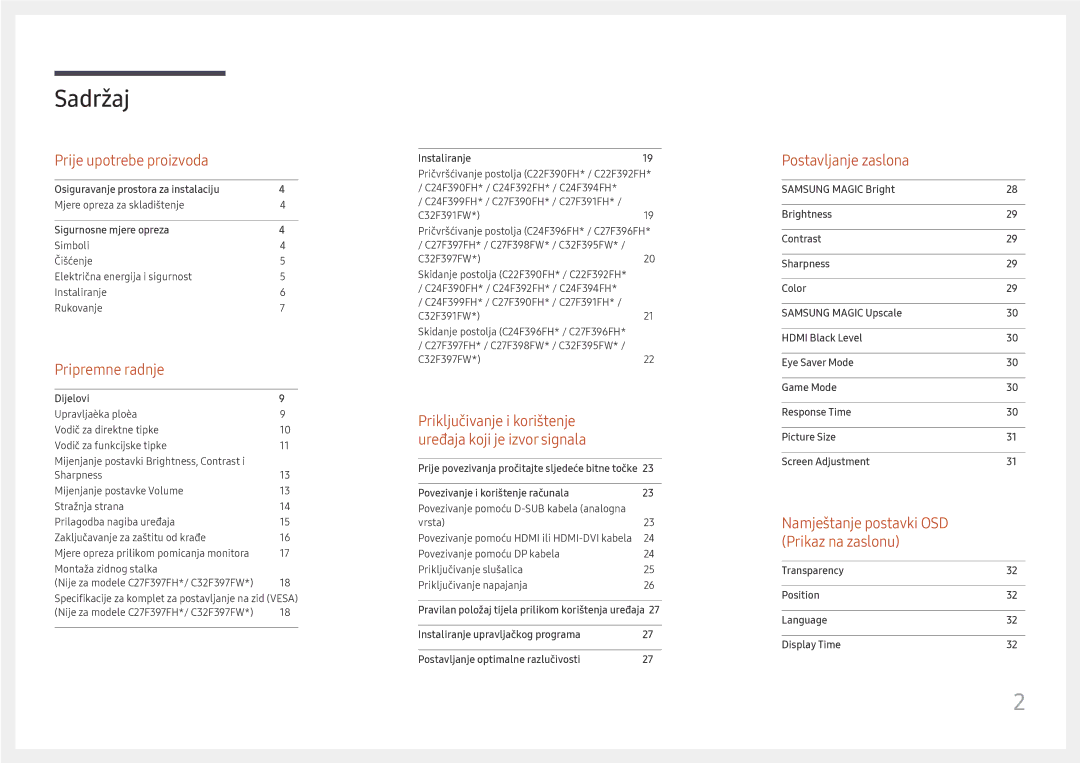 Samsung LC27F396FHUXEN, LC32F391FWUXEN, LC24F390FHUXEN, LC24F396FHUXEN, LC27F390FHUXEN manual Sadržaj 