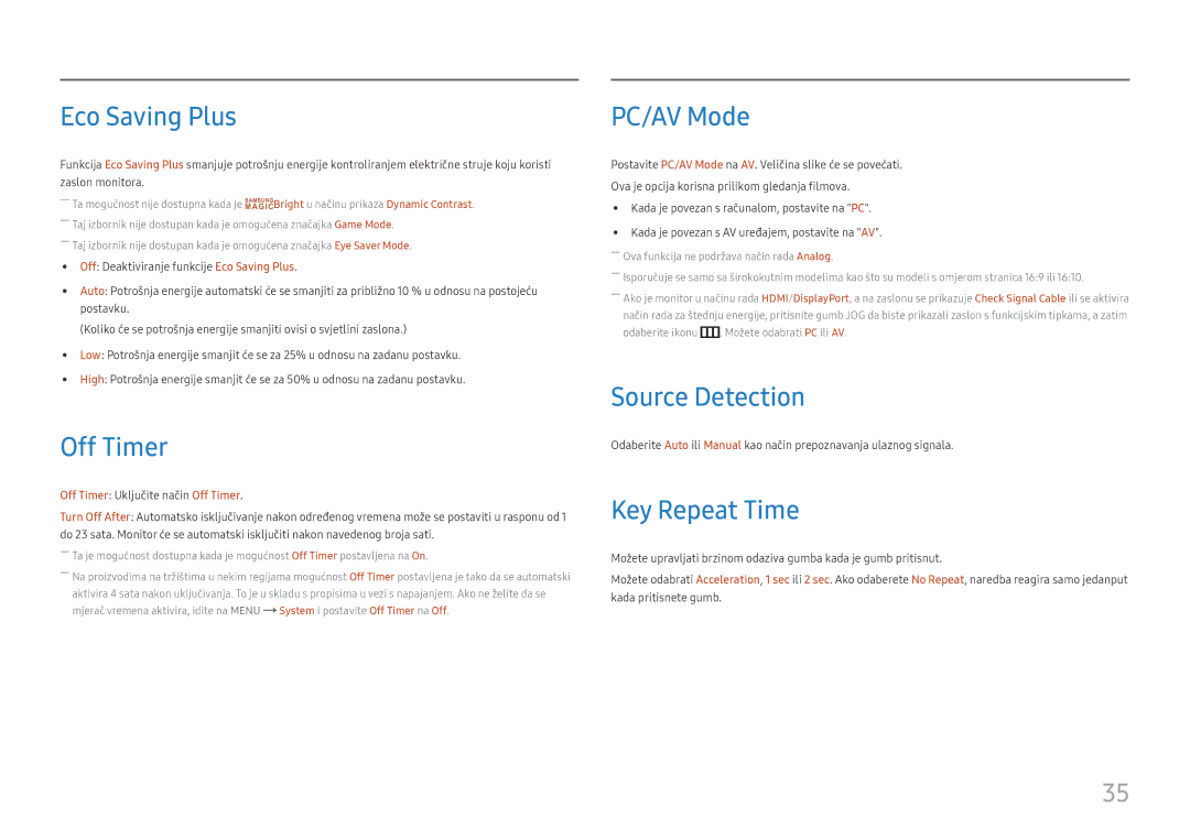 Samsung LC32F391FWUXEN, LC24F390FHUXEN manual Eco Saving Plus, Off Timer, PC/AV Mode, Source Detection, Key Repeat Time 