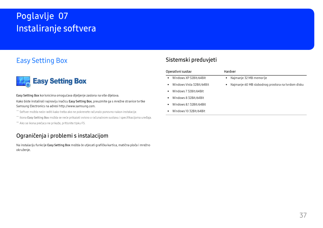 Samsung LC27F396FHUXEN, LC32F391FWUXEN manual Instaliranje softvera, Easy Setting Box, Ograničenja i problemi s instalacijom 