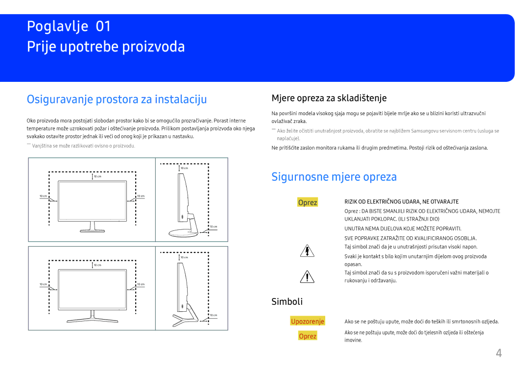 Samsung LC27F390FHUXEN Prije upotrebe proizvoda, Osiguravanje prostora za instalaciju, Sigurnosne mjere opreza, Simboli 