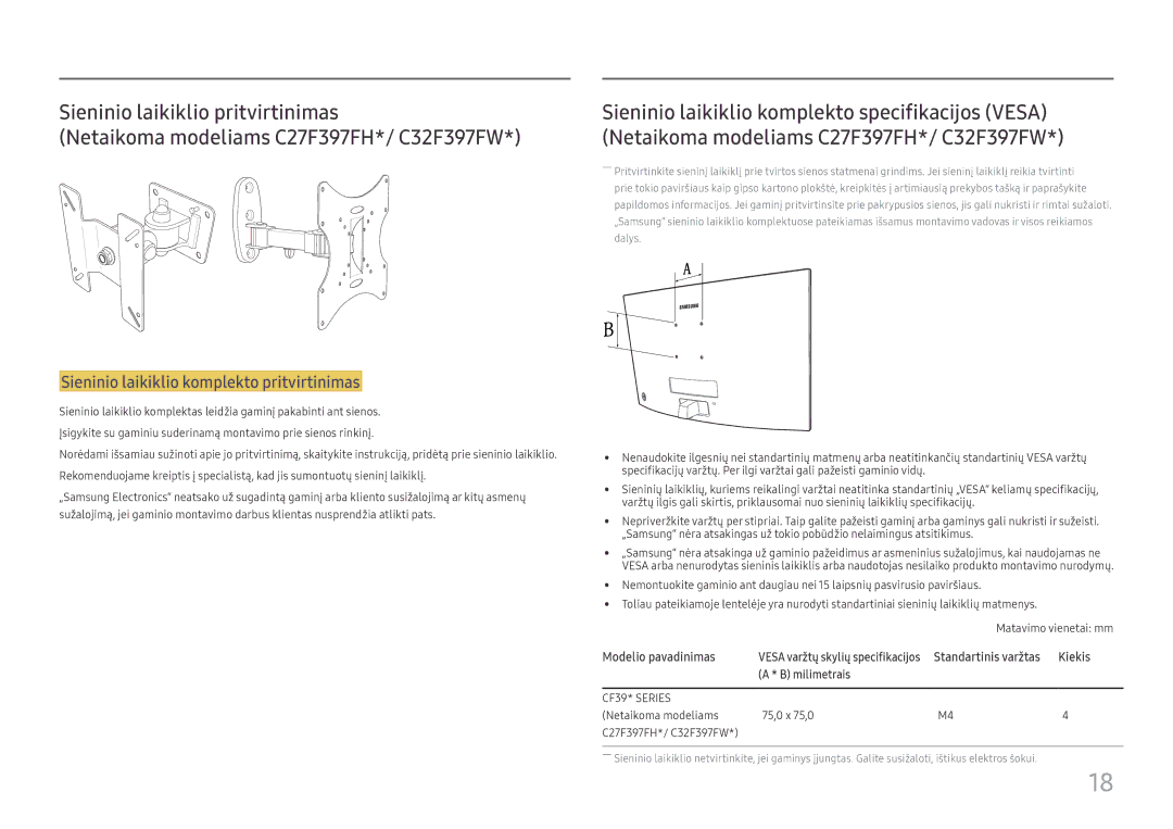 Samsung LC24F396FHUXEN, LC32F391FWUXEN, LC24F390FHUXEN manual Modelio pavadinimas, Kiekis, Milimetrais, Standartinis varžtas 