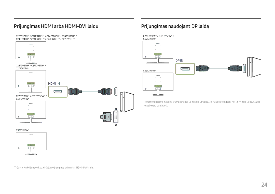 Samsung LC27F396FHUXEN, LC32F391FWUXEN, LC24F390FHUXEN Prijungimas Hdmi arba HDMI-DVI laidu, Prijungimas naudojant DP laidą 