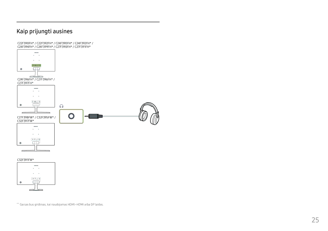 Samsung LC24F396FHUXEN, LC32F391FWUXEN, LC24F390FHUXEN, LS22E45UDWG/EN, LC27F396FHUXEN, LC27F390FHUXEN Kaip prijungti ausines 