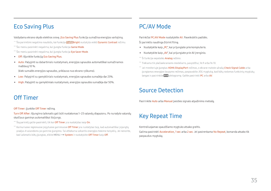 Samsung LC32F391FWUXEN, LC24F390FHUXEN manual Eco Saving Plus, Off Timer, PC/AV Mode, Source Detection, Key Repeat Time 