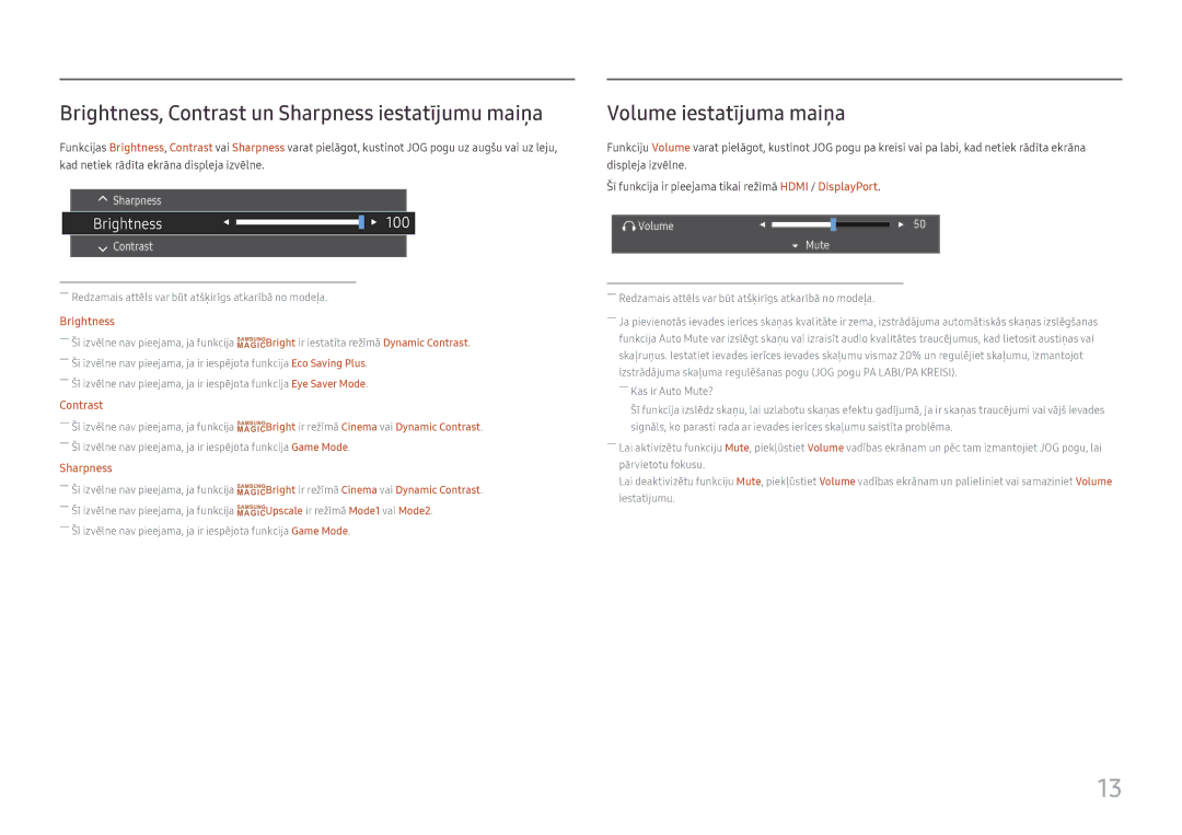 Samsung LS22E45UDW/EN, LC32F391FWUXEN manual Brightness, Contrast un Sharpness iestatījumu maiņa, Volume iestatījuma maiņa 
