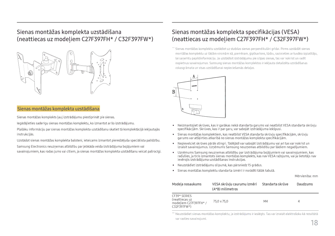 Samsung LC24F396FHUXEN, LC32F391FWUXEN, LC24F390FHUXEN, LS22E45UDWG/EN, LC27F396FHUXEN Sienas montāžas komplekta uzstādīšana 