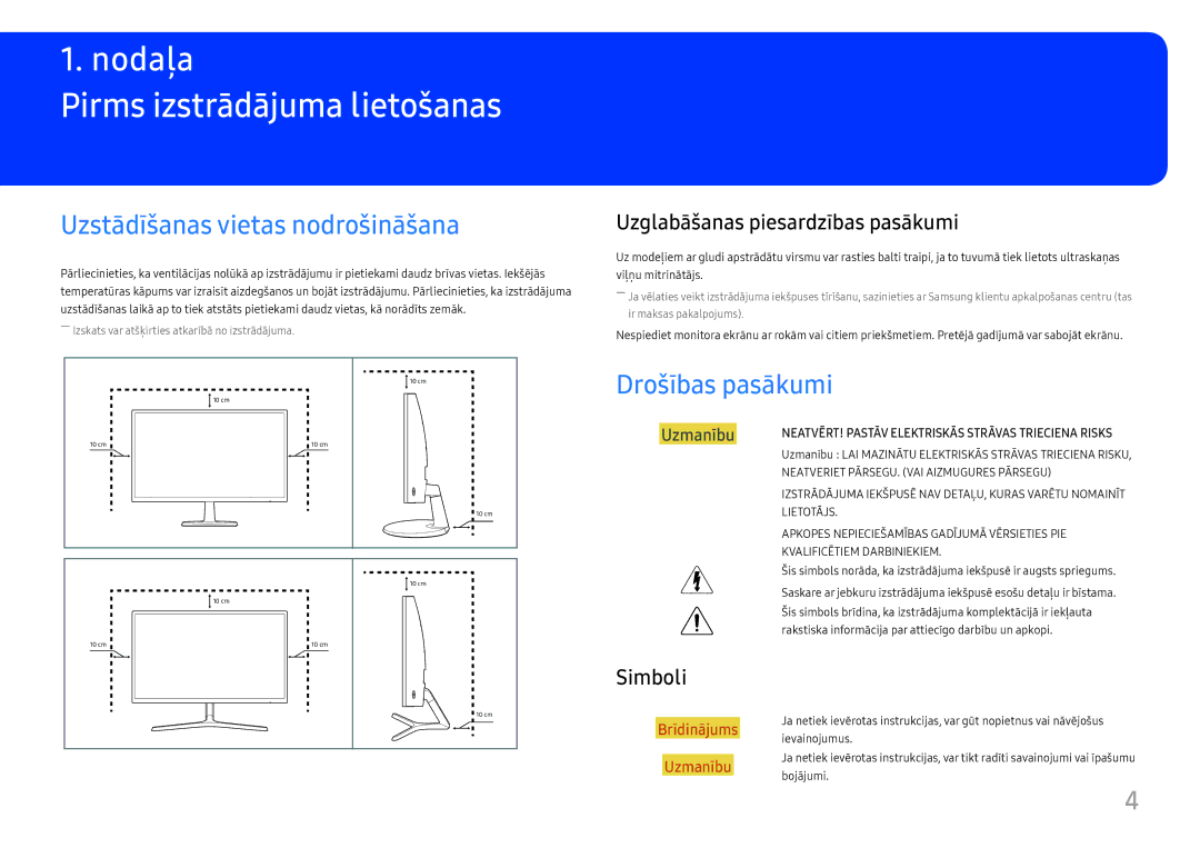 Samsung LC24F396FHUXEN manual Pirms izstrādājuma lietošanas, Uzstādīšanas vietas nodrošināšana, Drošības pasākumi, Simboli 