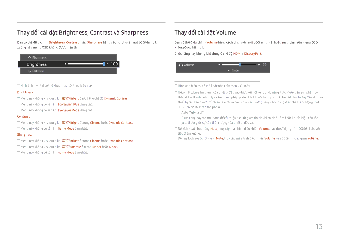 Samsung LC27F397FHEXXV, LC32F397FWEXXV manual Thay đổi cà̀i đặt Brightness, Contrast và̀ Sharpness, Thay đổi cà̀i đặt Volume 