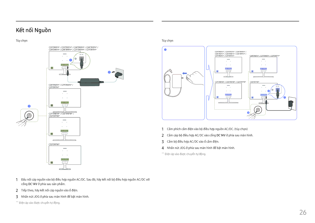 Samsung LC32F391FWEXXV, LC32F397FWEXXV, LC27F390FHEXXV, LC27F397FHEXXV, LC24F390FHEXXV manual Kết nối Nguồn, Tù̀y chọn 