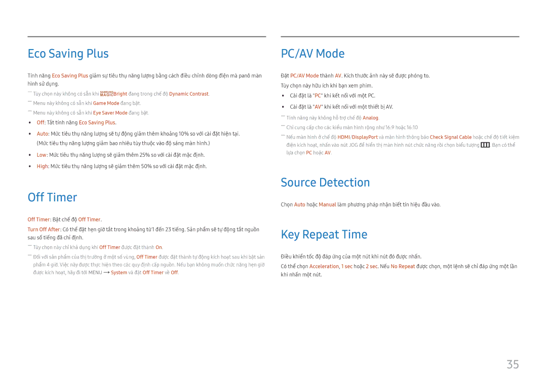 Samsung LC32F397FWEXXV, LC32F391FWEXXV manual Eco Saving Plus, Off Timer, PC/AV Mode, Source Detection, Key Repeat Time 