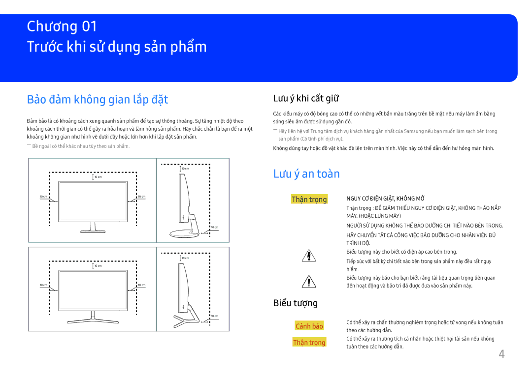 Samsung LC24F390FHEXXV Trươc khi sử dung san phẩm, Bảo đảm không gian lắp đặt, Lưu ý an toàn, Lưu ý khi cất giư 