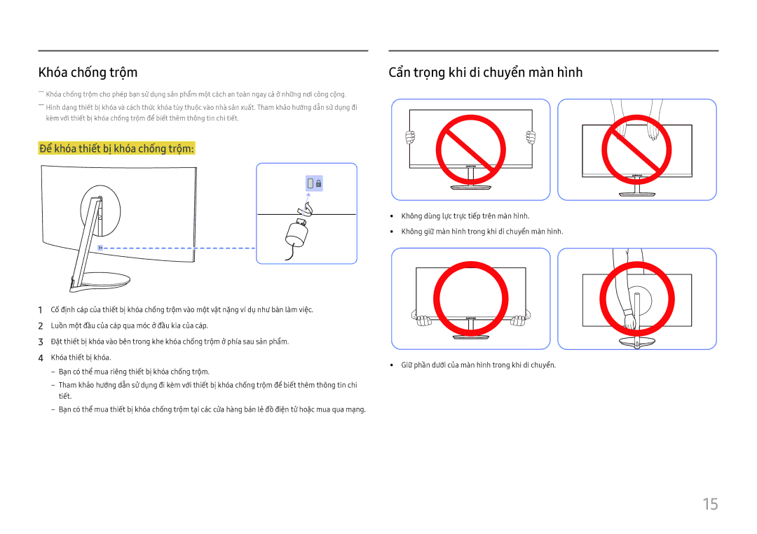 Samsung LC27H711QEEXXV, LC32H711QEEXXV manual Khó́a chố́ng trộm, Cẩ̉n trọng khi di chuyể̉n mà̀n hình 